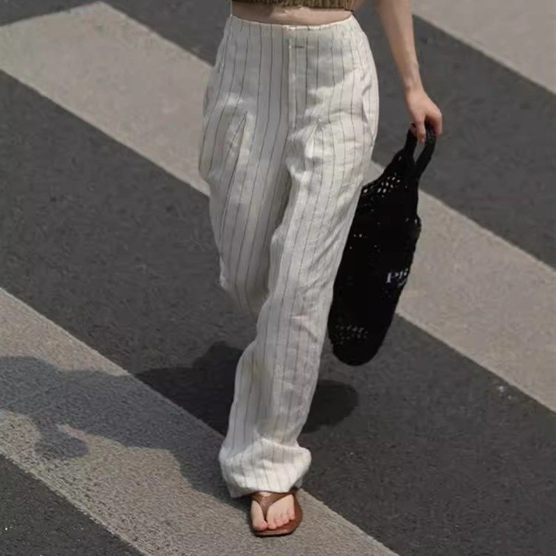 牛X货 巨炸裂!高腰显瘦垂感长裤子女夏小个子白色条纹窄版阔腿裤,淘宝优惠券,粉丝福利购,淘宝优惠卷