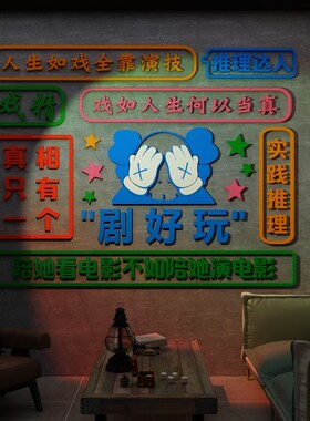 网红剧本杀店装饰狼人杀桌手游棋牌室墙面布置拍照区打卡背景贴纸