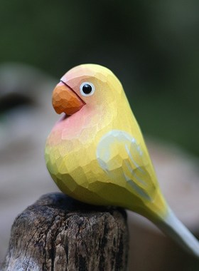 鹿妖商店 肥啾木雕小鸟 绿牡丹鹦鹉 黄桃牡丹鹦鹉 纯手工实木摆件