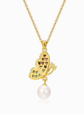 千叶珠宝银925合成立方氧化锆贝壳链牌 贝母蝴蝶吊坠