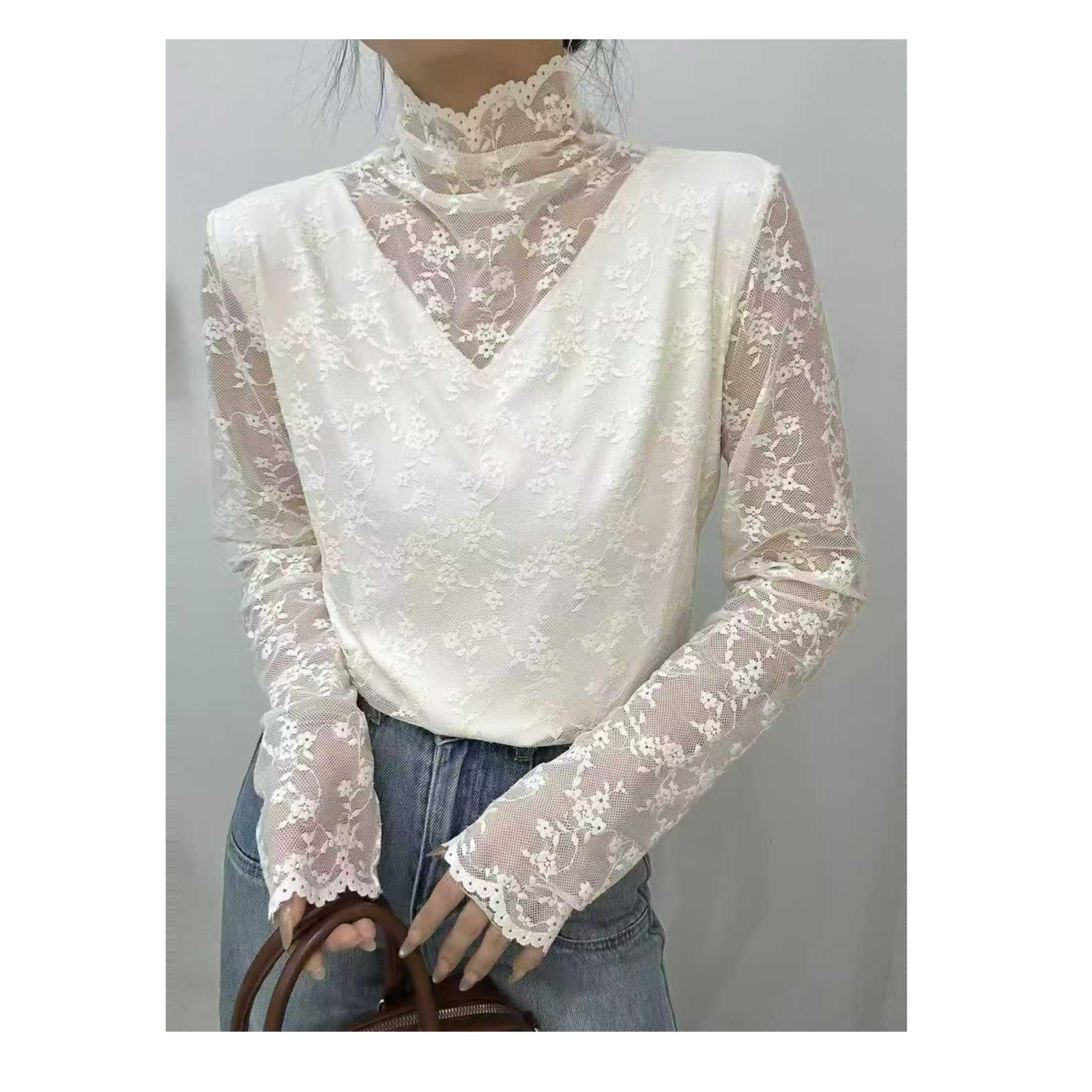 【何仙儿专享】半高领蕾丝衫抽绳打底衫秋冬长袖衬衫时尚632053,淘宝优惠券,粉丝福利购,淘宝优惠卷