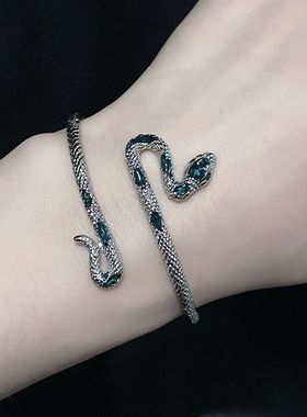 小众设计感蛇手镯绿色珐琅滴油开口戒指ins风高级个性暗黑手环女