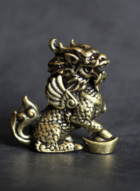 创意复古把玩件纯黄铜麒麟仿古办公桌面茶桌家居小摆件一对小号