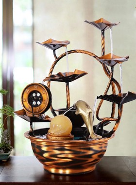 纯铜招财风水轮荷叶流水喷泉办公室客厅桌面流水摆件开业送礼加湿