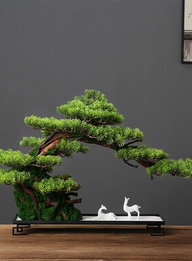 新中式仿真迎客松摆件酒店客厅玄关大型假山绿植盆景装饰家居造景