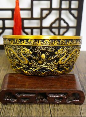 21cm特大号实心全铜双龙聚宝盆寺院存钱罐家用纯黄铜米缸客厅摆件