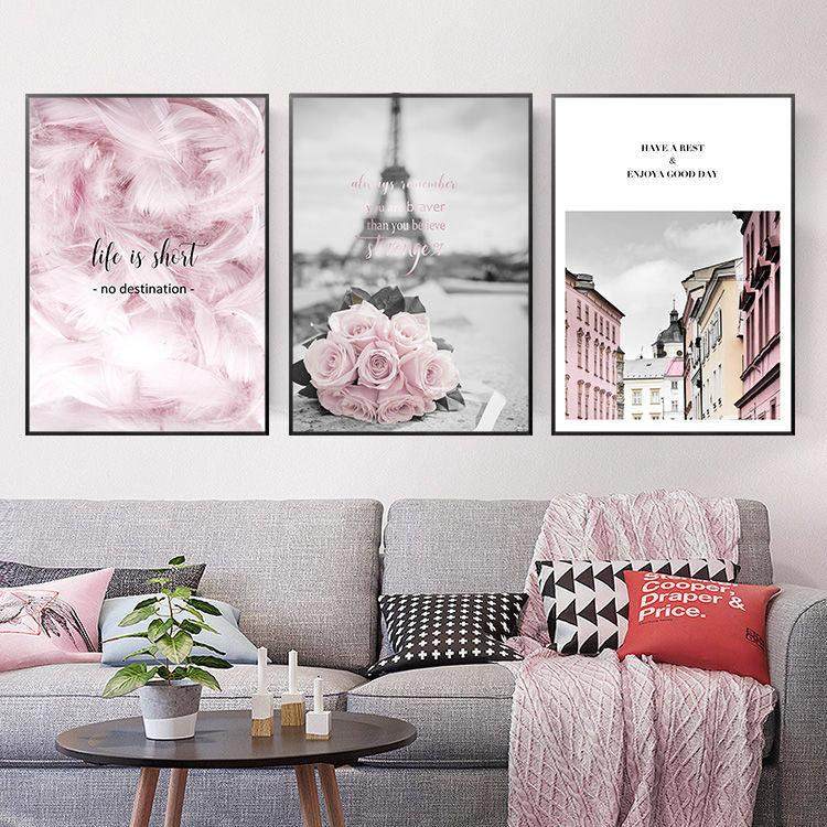 北欧小清新粉色羽毛客厅壁画现代装饰画街景新款卧室床头玄关挂画,淘宝优惠券,粉丝福利购,淘宝优惠卷