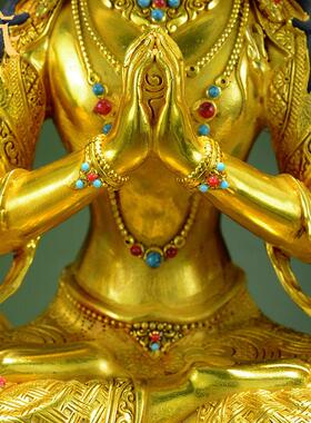 藏村《四臂观音佛像》铜像 家用铜鎏金《观音菩萨》雕像摆件10寸