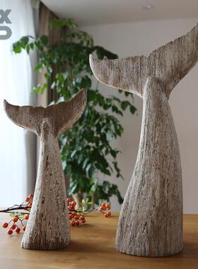 YBOX实木覆古诧寂风手工鱼尾巴摆件民宿样板房装饰鲸鱼尾巴工艺礼