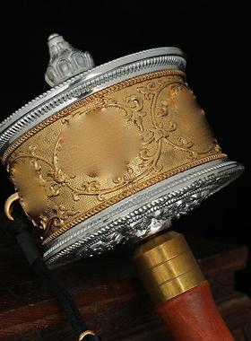 藏族铜制手持手摇转轮民族风供佛工艺品静音六字办公桌面摆件雕刻