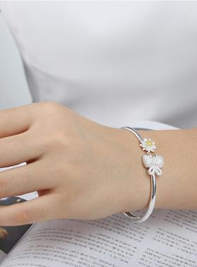 正品蝶恋花 银手镯90足银女小雏菊品环实心光面开口银9镯饰子手送