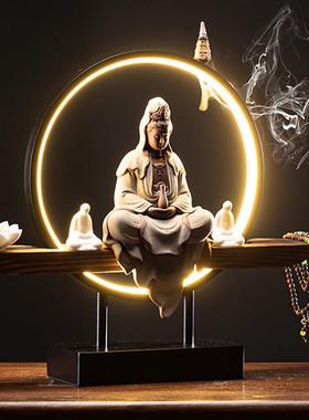 新中式禅意观音菩萨陶瓷工艺品佛像倒流香家用供奉灯摆件家居装饰