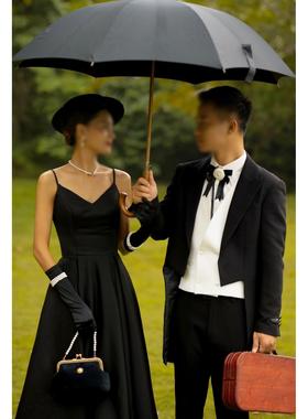 浪漫赫本风婚纱摄影道具黑伞法式帽子外景街拍珍珠手包欧式英文书