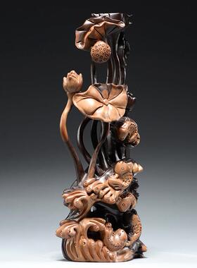 黑檀木雕刻年年有鱼根雕荷花摆件家居根雕装饰工艺礼品摆饰新婚乔