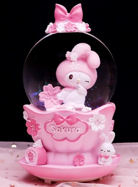 新款 卡通樱花兔水晶球雪花发光音乐盒女孩儿童生日礼物学生礼品