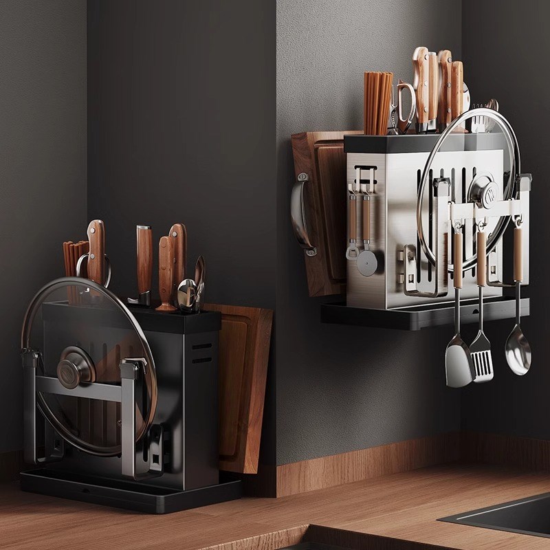 厨房不锈钢台面刀架置物架多功能锅盖菜板放刀子筷子一体收纳架子 - 图2