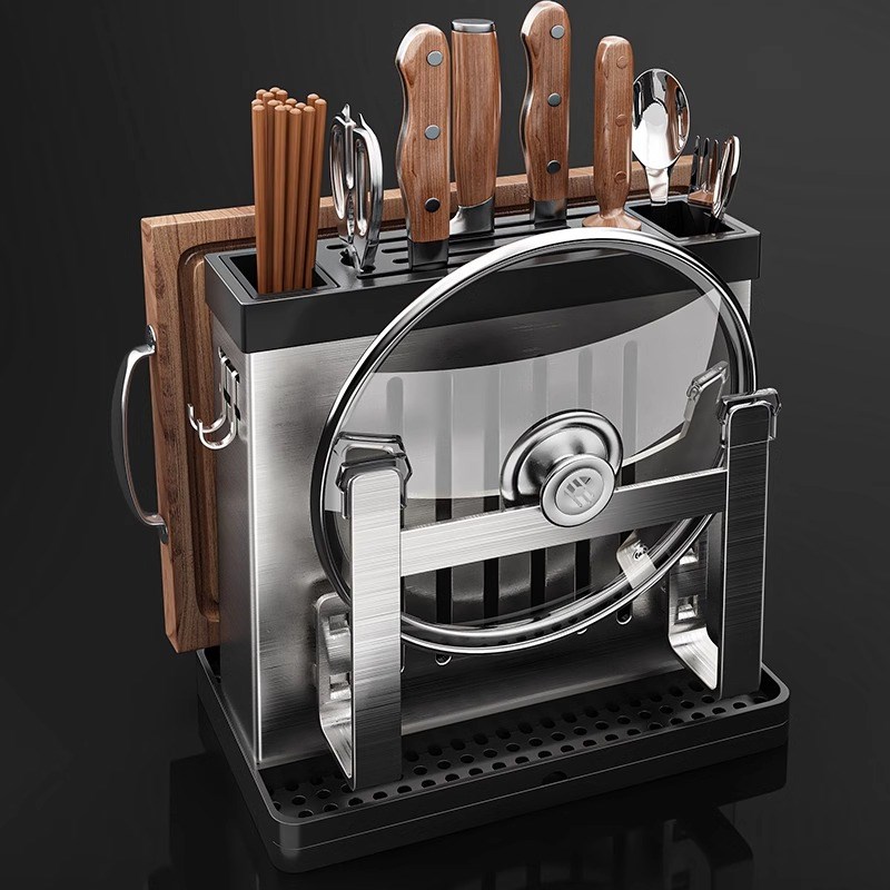 厨房不锈钢台面刀架置物架多功能锅盖菜板放刀子筷子一体收纳架子 - 图0