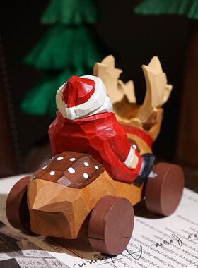 精选骑驯鹿车圣诞老人手工木雕小摆件卡通趣味节日氛围感装饰品礼