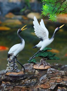 户外庭院假山流水鱼池装饰仙鹤摆件丹顶鹤雕塑水池喷泉造景景观