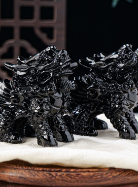 黑曜石麒麟摆件 水晶原石雕刻家居办公摆件 水晶工艺品