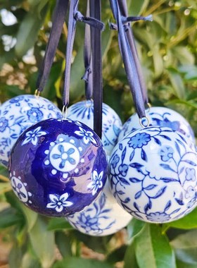青花小球汽车挂件车内吊饰陶瓷车载后视镜青花瓷吊坠陶瓷球装饰