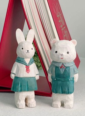 创意手工小兔木雕桌面摆件治愈系装饰品小物件简约卡通工艺品礼物