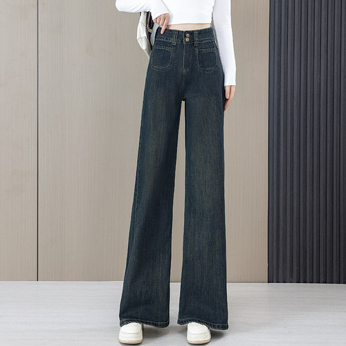 复古窄版阔腿微喇牛仔裤女2024年秋冬季新款高腰宽松直筒喇叭裤子 - 图0