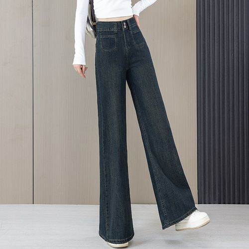 复古窄版阔腿微喇牛仔裤女2024年秋冬季新款高腰宽松直筒喇叭裤子 - 图1