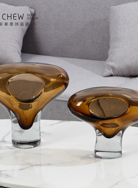 北欧复古轻奢咖色镂空家居玻璃摆件样板间酒店大堂餐厅烛台装饰品