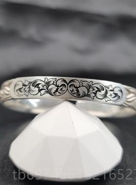 新款刻骨手工林精雕925纯银配饰s情侣个性饰礼物轻赛奢品开口唐草