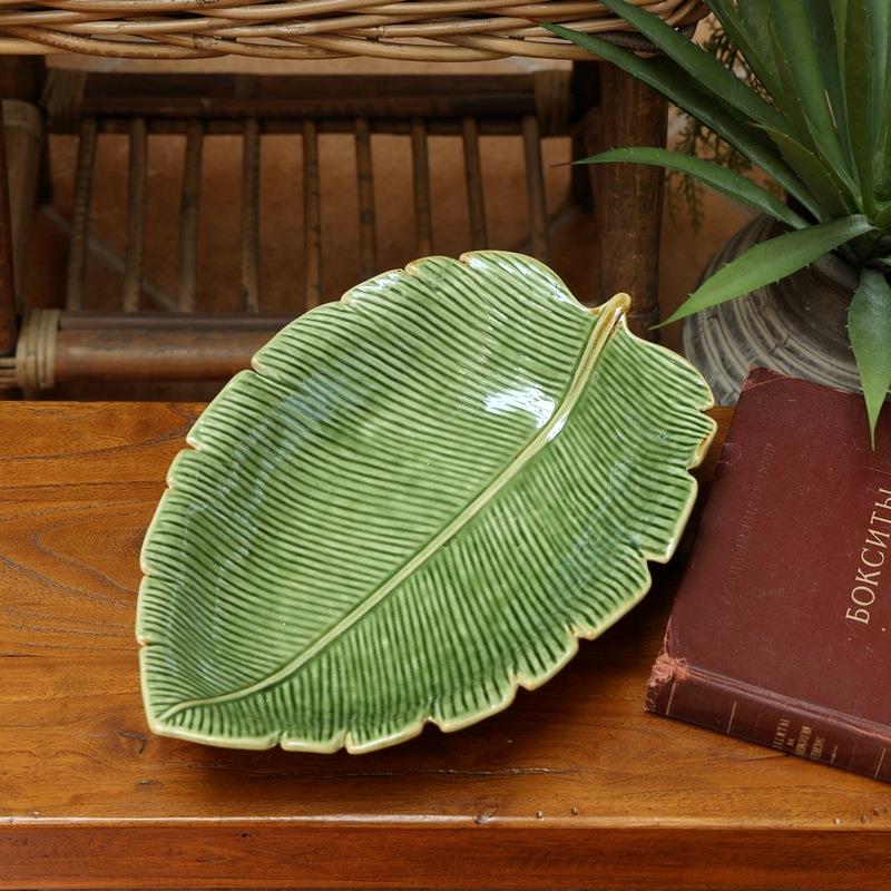 复古创意南亚风格芭蕉叶陶瓷盘果盘瓜子碟杂物盘绿色树叶装饰摆件 - 图2