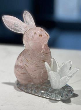 洒金少女粉色月宫玉兔子纯手工琉璃摆件拍照摄影道具镇纸节日礼物