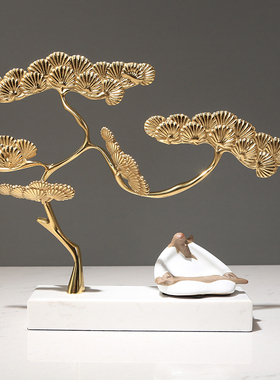 新中式禅意迎客松摆件别墅样板间博古架玄关大理石艺术摆设装饰品