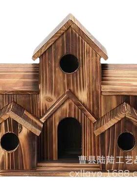 跨境木质鸟窝喂食器实木鸟屋田园户外园艺喂鸟器挂件实木工艺品