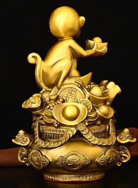 金猴献宝铜猴子摆l件纯铜聚宝盆福袋猴客厅办公室象上封猴生肖福