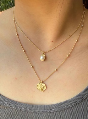 新款度假高级简约立体贝壳珍珠双层叠戴项链气质高级感锁骨链