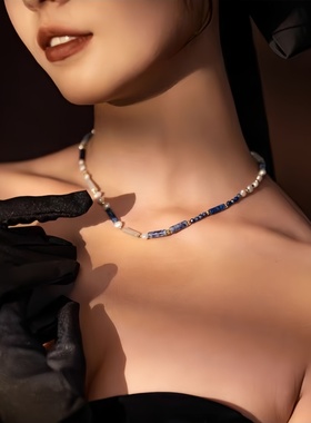 新中式高级感青金石珍珠锁骨链