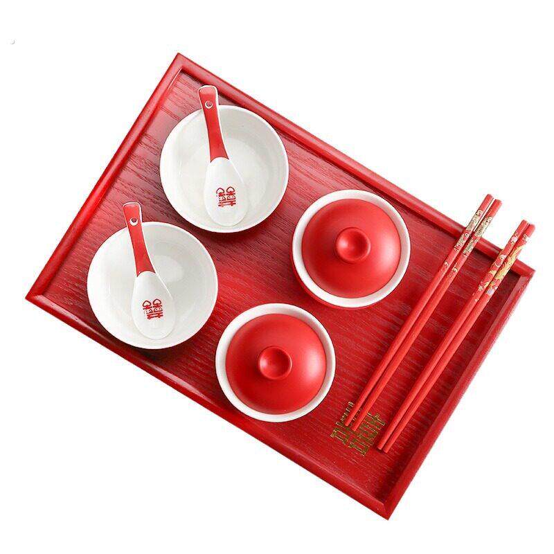 Tea cups, wedding bowls, wedding events, red mouth covers, tea sets, bowls, chopsticks, sets, dowry supplies