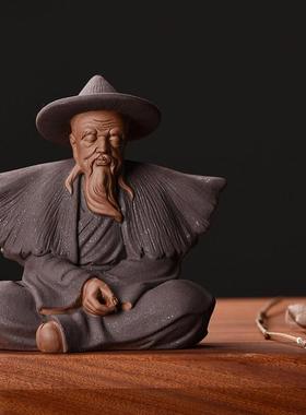 禅意姜太公钓鱼人物陶瓷摆件鱼翁老头鱼缸造景假山盆景装饰品配件