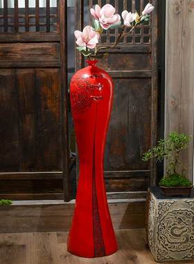 新中式软装红色花瓶客厅插花长枝高端电视柜旁边落地摆件茶室装饰