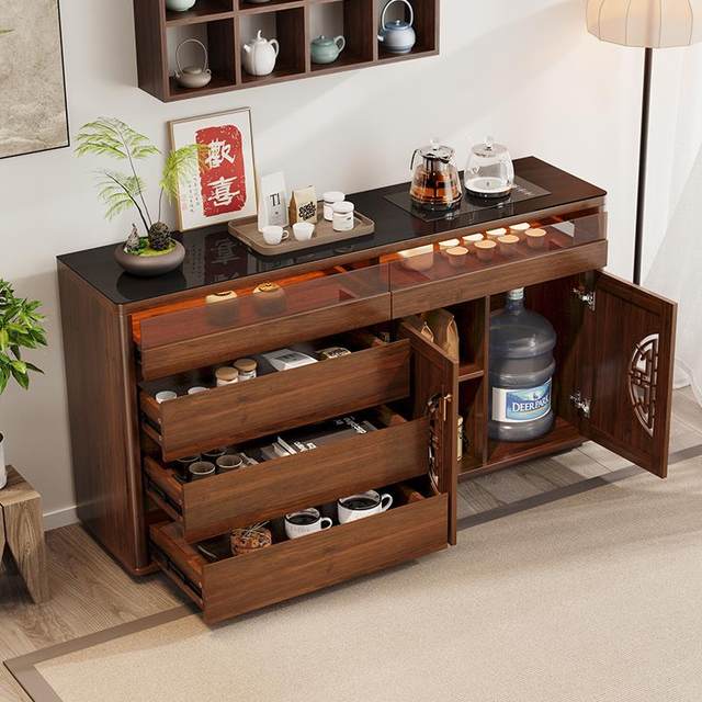 New Chinese-style solid wood sideboard wall integrated storage cabinet smart tea bar machine living room storage tea cabinet new style
