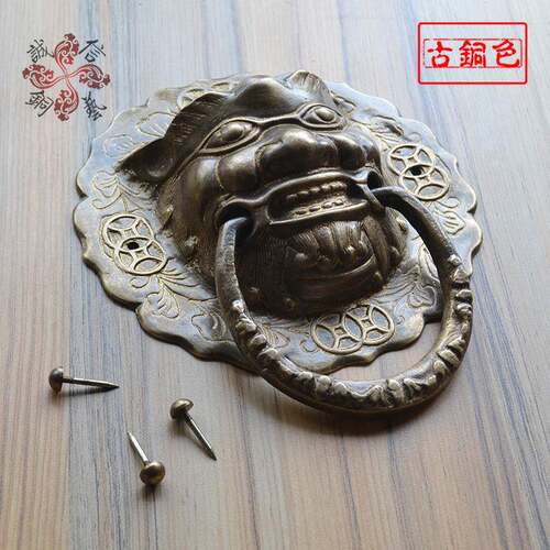 仿古纯铜拉手老式兽头狮头虎头对开大门环中式木门庭院铜拉环把手 - 图0