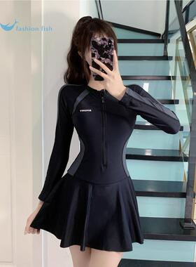 长袖连体游泳衣女保守显瘦遮肚学生训练潜水服夏季2024新款泡温泉