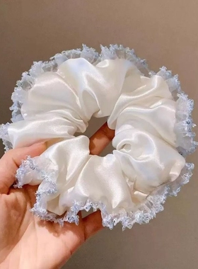 白色缎面蓝边大肠发圈韩式少女风小清新大号蓬松慵懒风发饰新款