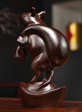 优选黑檀实木雕刻老鼠摆件十二生肖动物鼠家居客厅办公装饰红木工