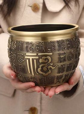 优选全铜百福缸摆件黄铜米缸聚宝盆招财缸风水家居客厅玄关装饰工