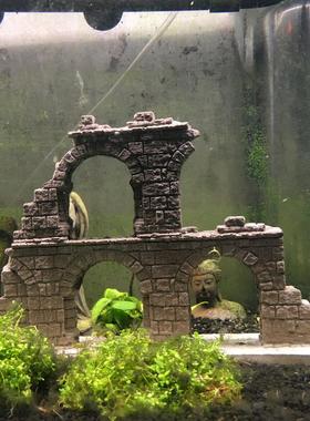 冬官手作 水泥鱼缸造景石个性摆件活石废墟残墙建筑物房子装饰品