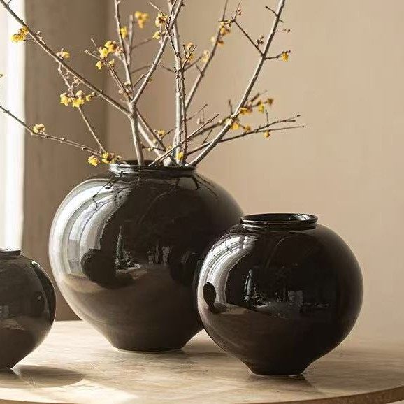 日式黑色陶瓷花瓶感新中式插花花器简约复古装饰民宿陶罐摆件饰品,淘宝优惠券,粉丝福利购,淘宝优惠卷
