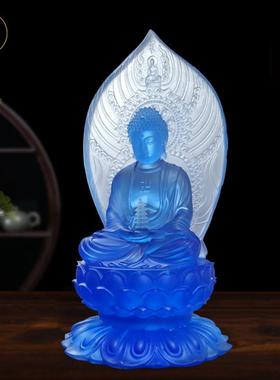 古法水琉璃药师佛摆件琉璃光如来居家佛堂供奉摆设蓝色药师七佛21