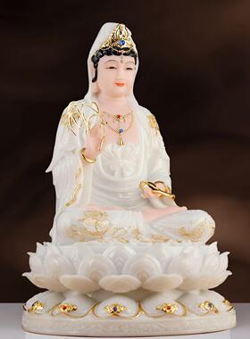 汉白玉观音菩萨家用坐莲纯白观音佛像供奉观世音娑婆三圣家居摆件